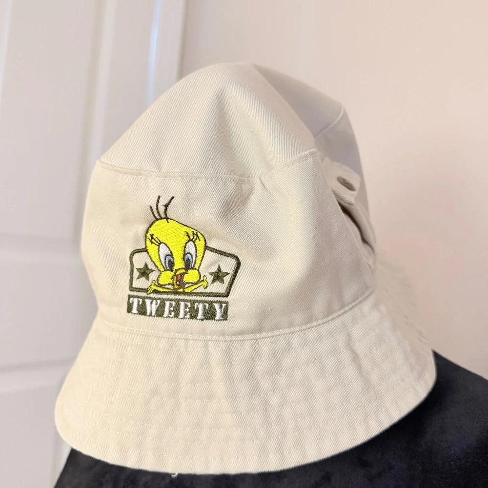 Vintage Looney Tunes Tweety Cargo Bucket Hat Military Pockets 1999 Y2K Logo